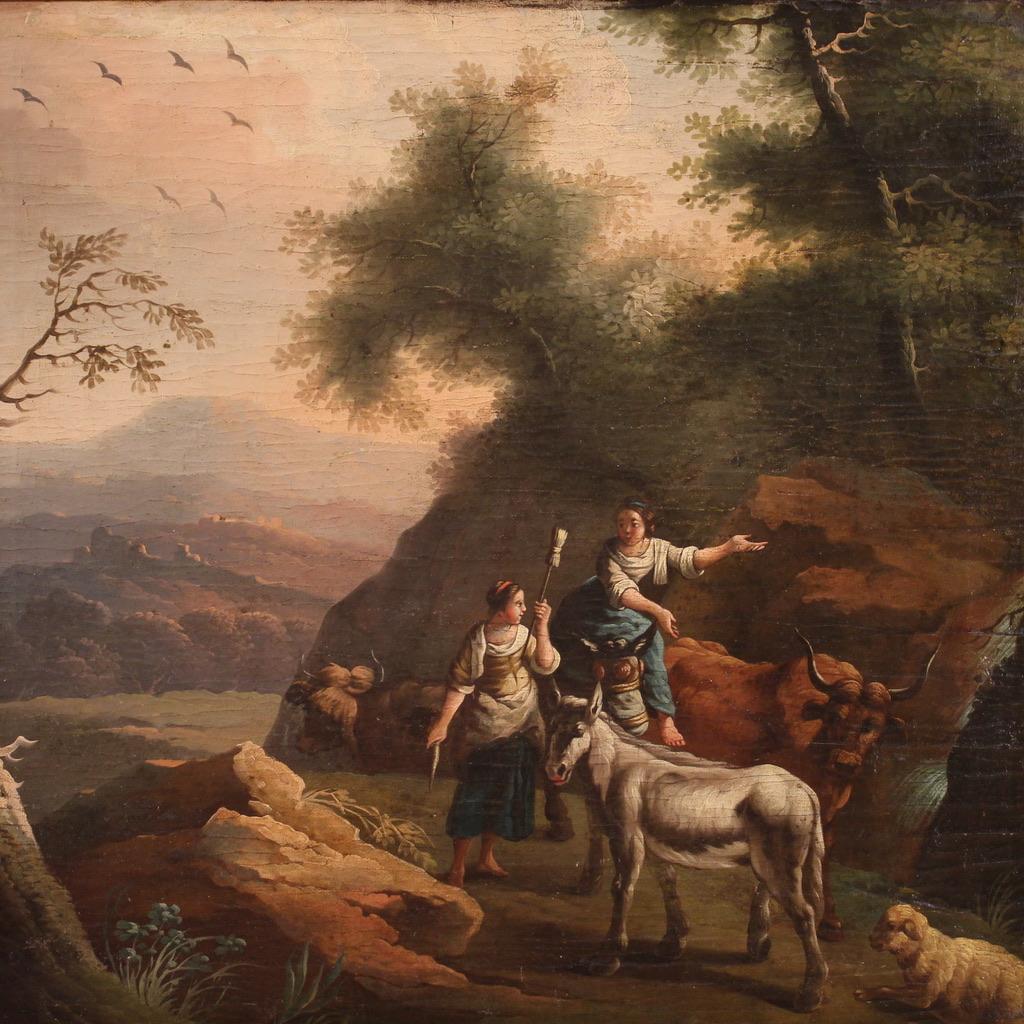 pintura al óleo sobre lienzo del siglo XVIII Paisaje bucólico italiano con personajes 3