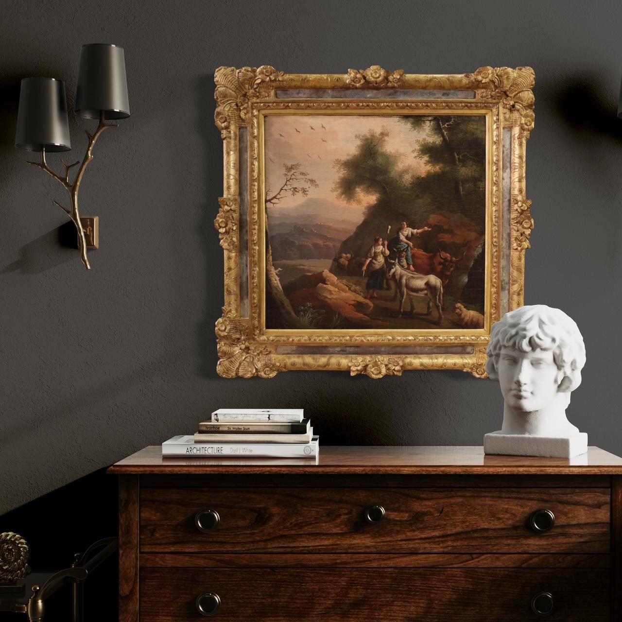 pintura al óleo sobre lienzo del siglo XVIII Paisaje bucólico italiano con personajes 4