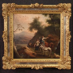 pintura al óleo sobre lienzo del siglo XVIII Paisaje bucólico italiano con personajes