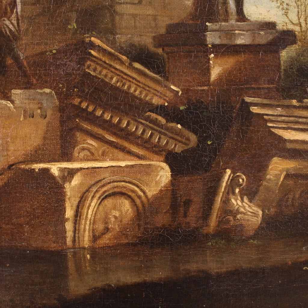 óleo sobre lienzo del siglo XVIII Pintura italiana Capriccio Ruinas con figuras, 1730 en venta 7
