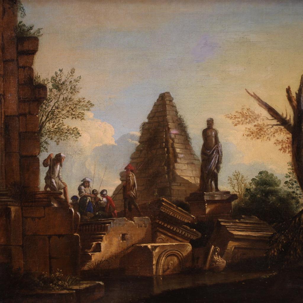 óleo sobre lienzo del siglo XVIII Pintura italiana Capriccio Ruinas con figuras, 1730 - Painting de Unknown