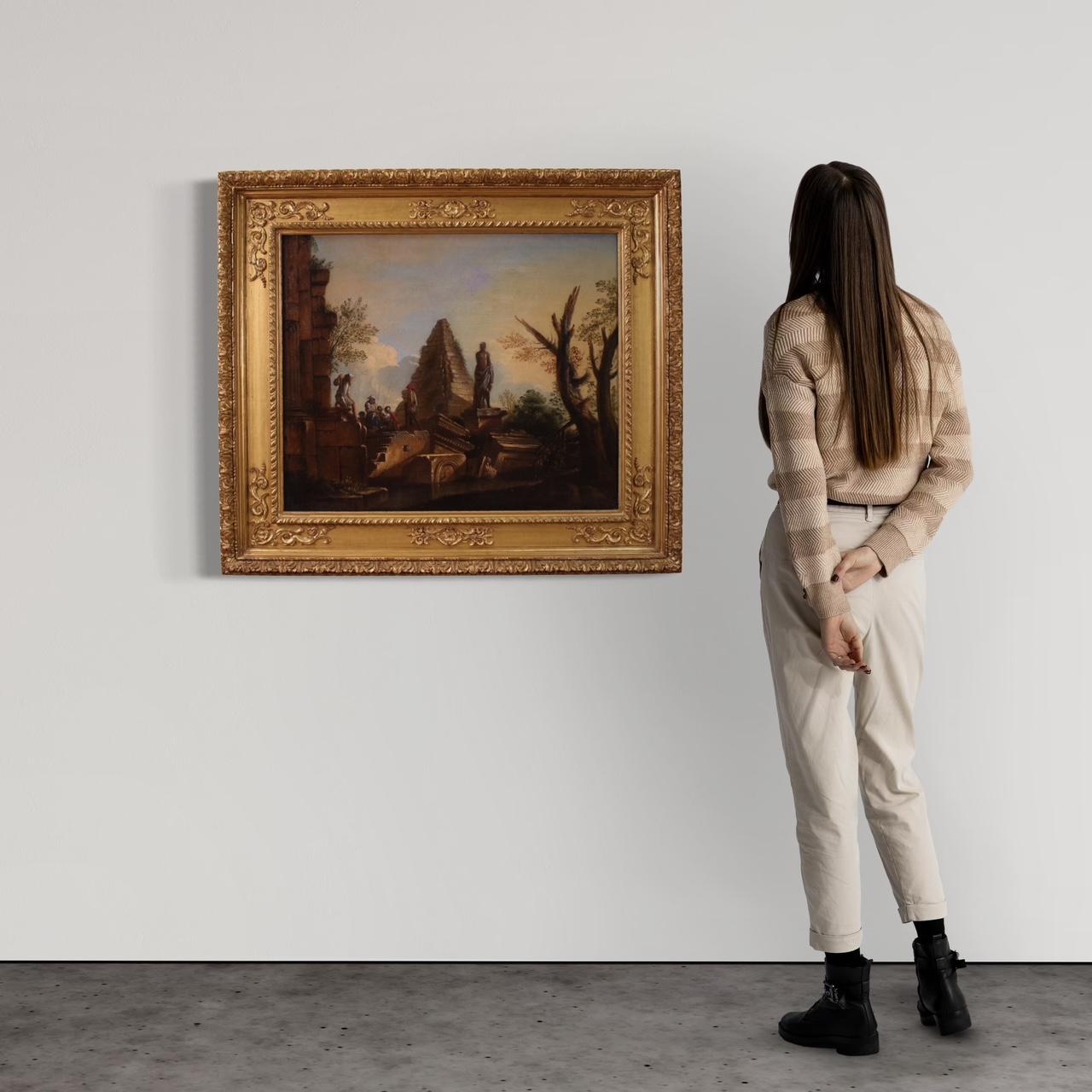 óleo sobre lienzo del siglo XVIII Pintura italiana Capriccio Ruinas con figuras, 1730 - Figurative Painting Brown de Unknown