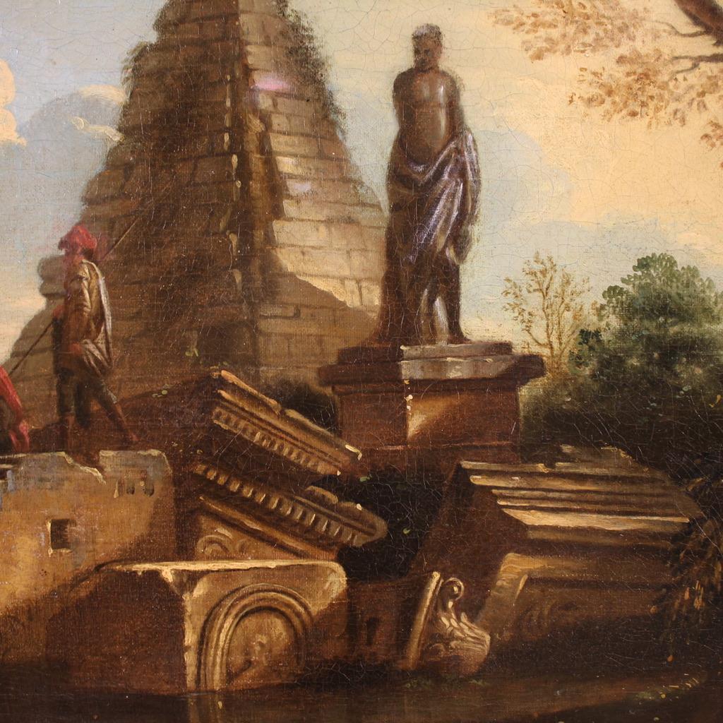 óleo sobre lienzo del siglo XVIII Pintura italiana Capriccio Ruinas con figuras, 1730 en venta 2