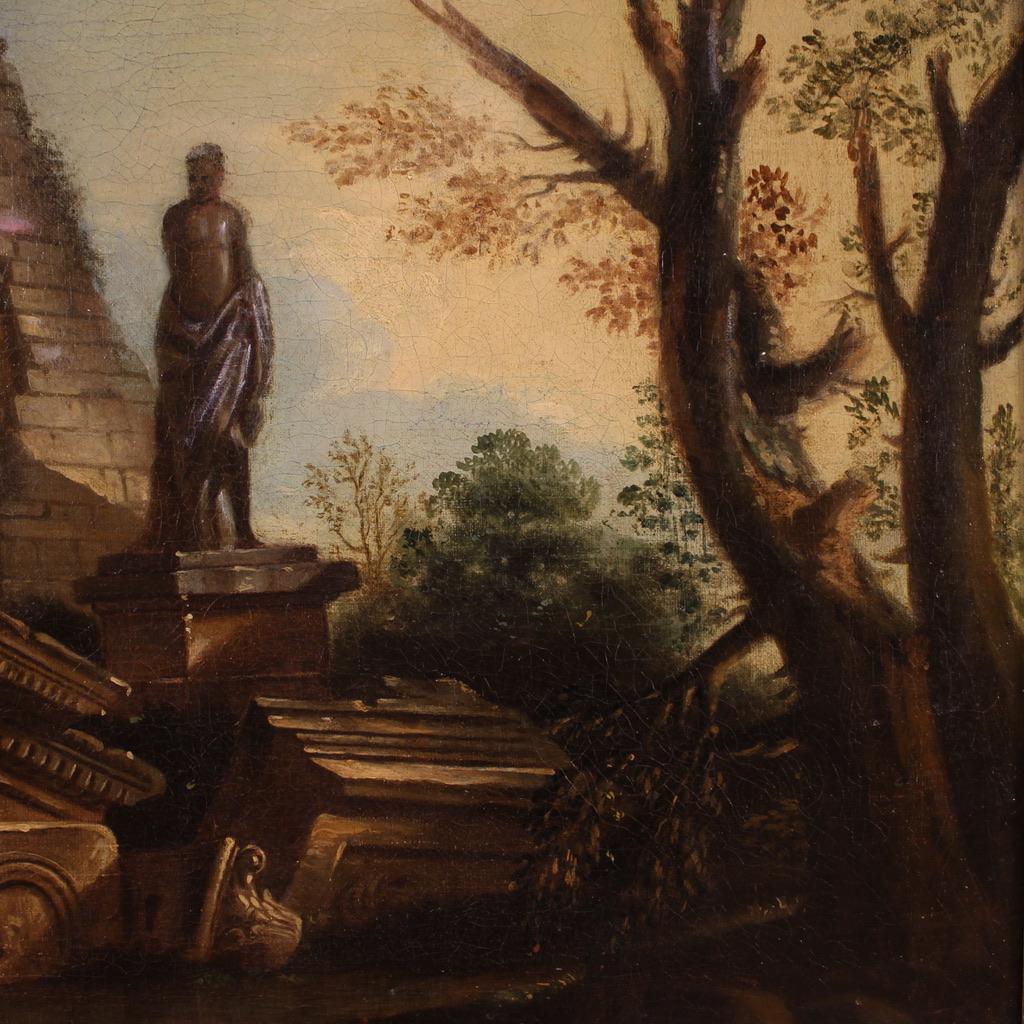 óleo sobre lienzo del siglo XVIII Pintura italiana Capriccio Ruinas con figuras, 1730 en venta 4