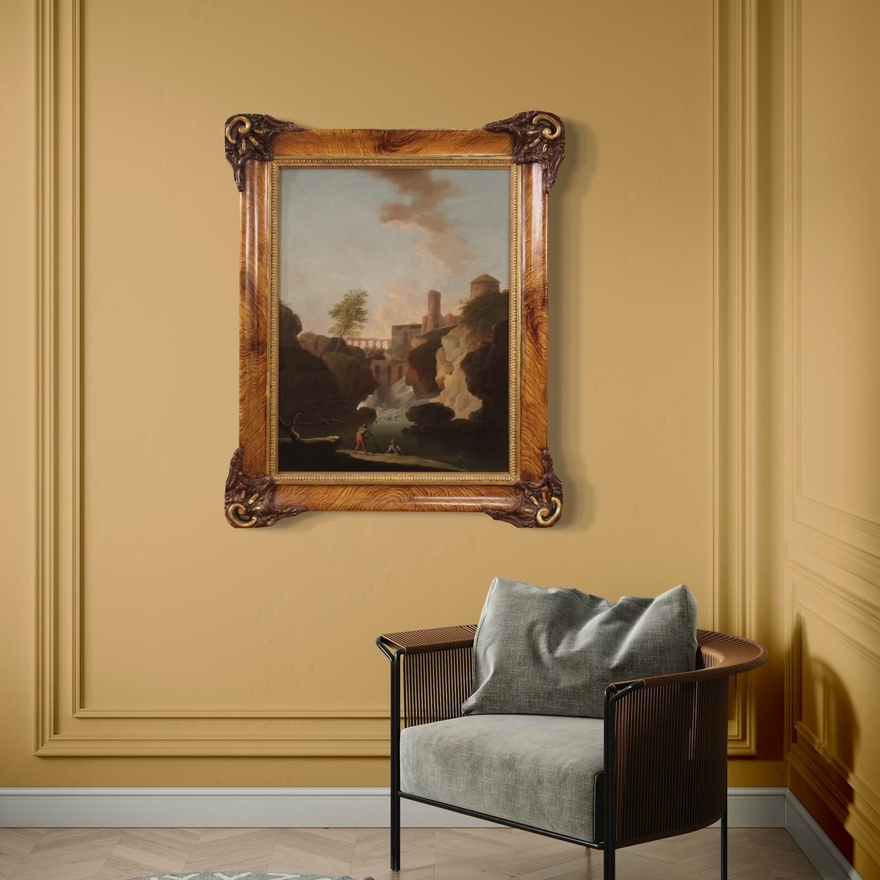Antikes italienisches Gemälde vom Ende des 18. Jahrhunderts. Kunstwerk Öl auf Leinwand, das eine Landschaft mit Figuren und Architekturen von guter malerischer Qualität darstellt. Nicht-zeitgenössischer Holz- und Gipsrahmen aus dem 19. Jahrhundert,
