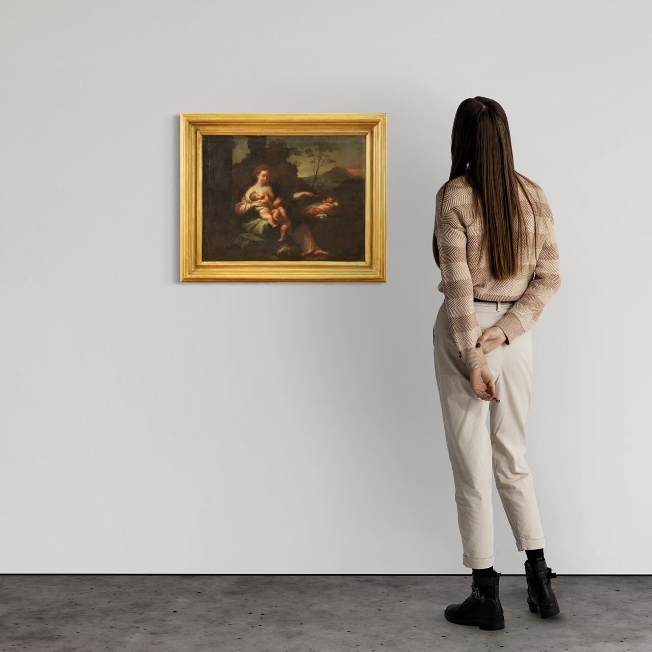 Antikes italienisches Gemälde aus dem 18. Jahrhundert. Kunstwerk Öl auf Leinwand, das die Allegorie der Mutterschaft darstellt, Landschaft mit weiblicher Figur und Kindern von ausgezeichneter malerischer Qualität. Nicht zeitgenössischer geschnitzter