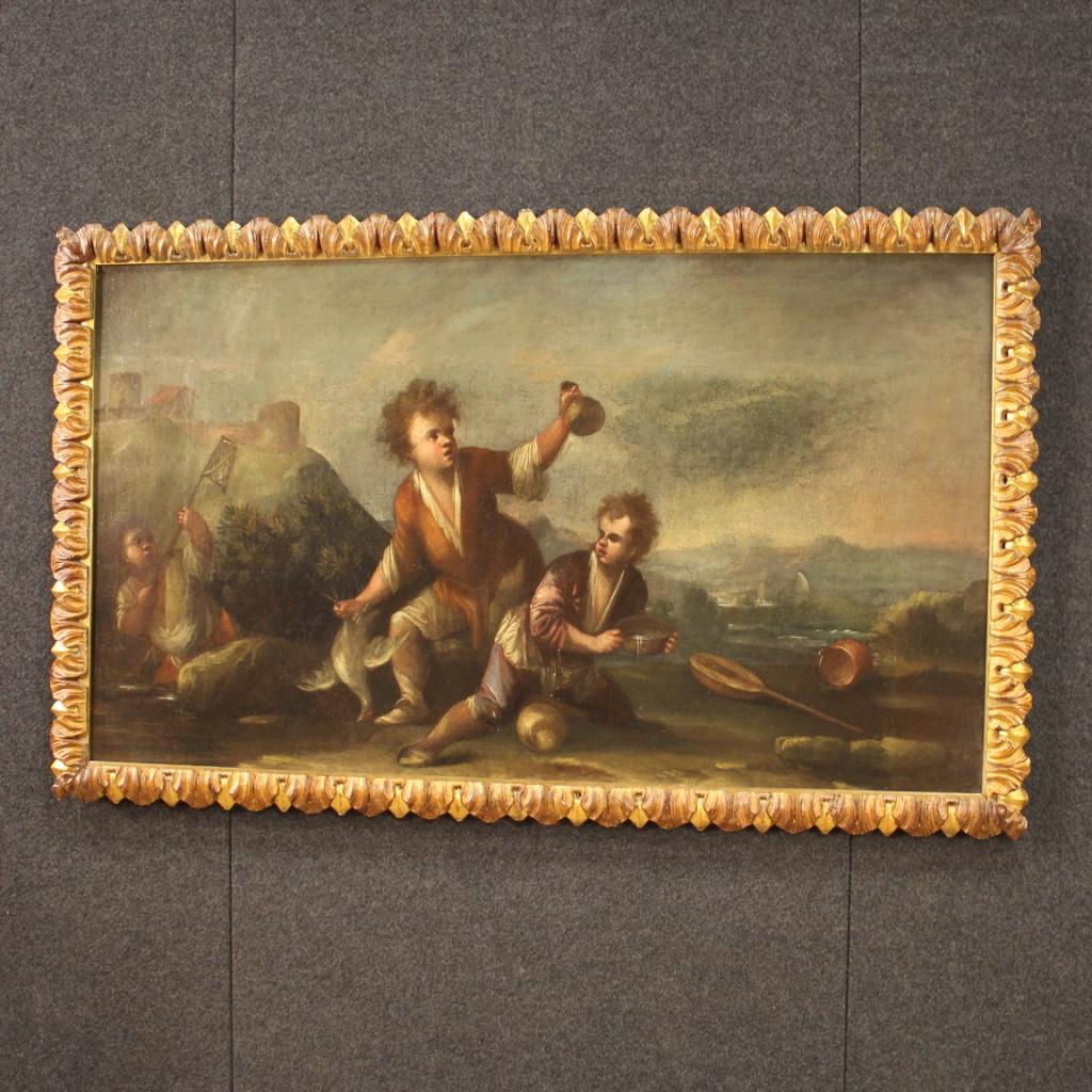 18. Jahrhundert Öl auf Leinwand Italienisches Landschaftsgemälde mit Kindern, 1730 im Angebot 10