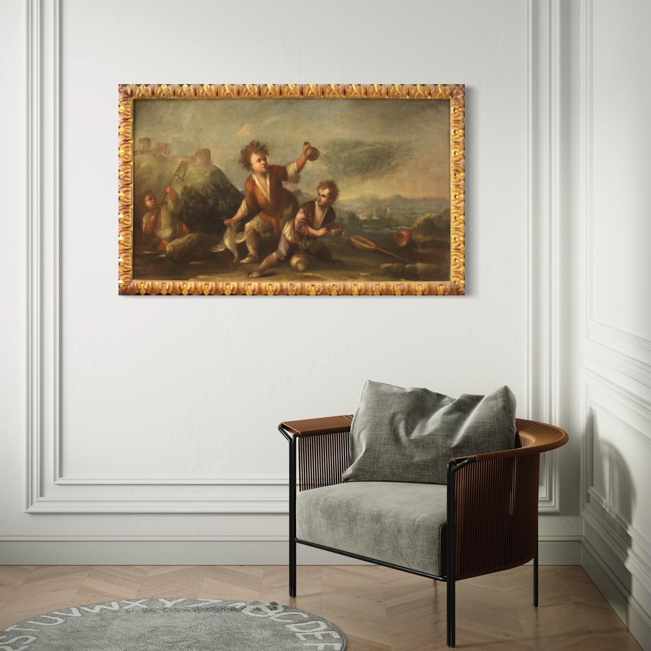 18. Jahrhundert Öl auf Leinwand Italienisches Landschaftsgemälde mit Kindern, 1730 – Painting von Unknown