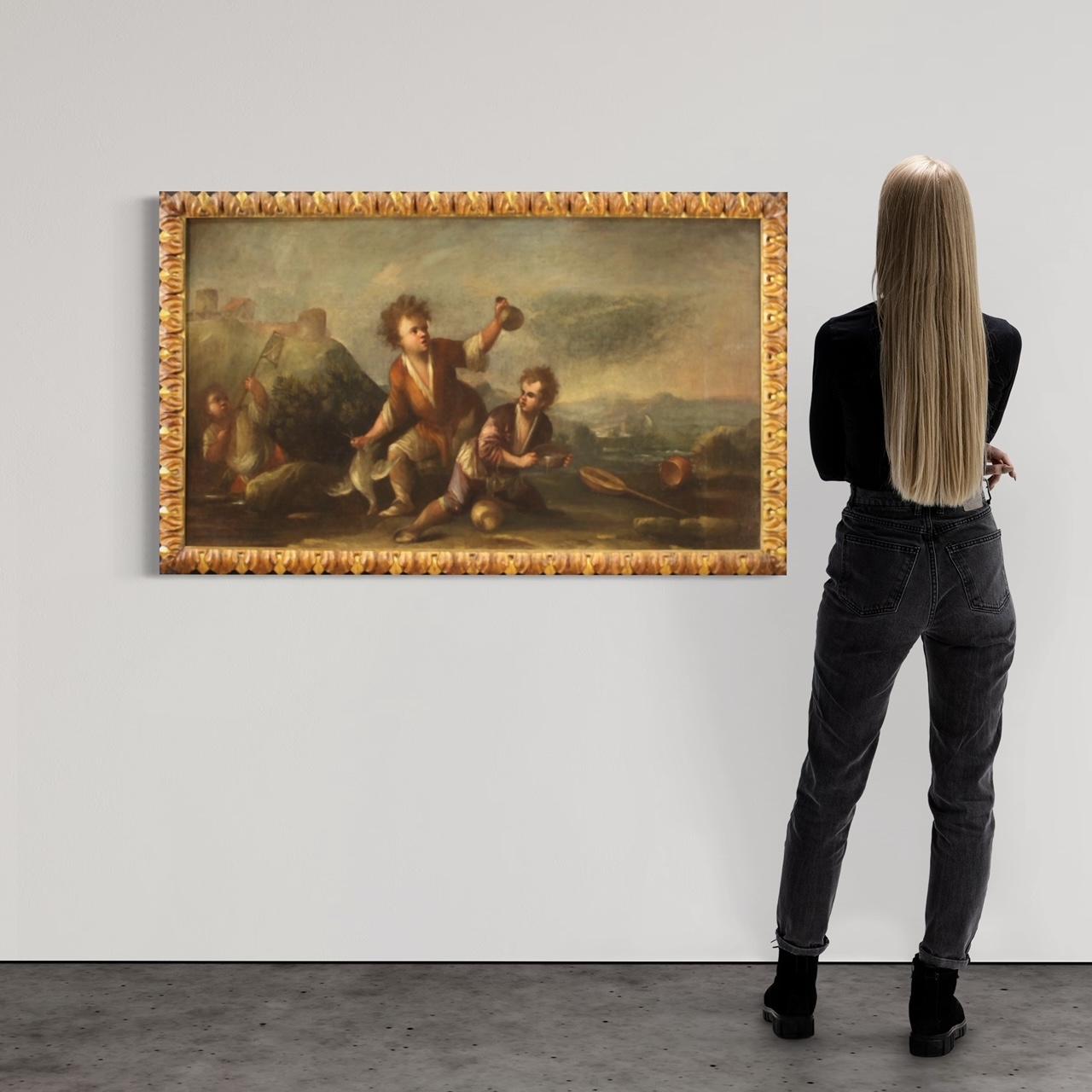 18. Jahrhundert Öl auf Leinwand Italienisches Landschaftsgemälde mit Kindern, 1730 (Brown), Figurative Painting, von Unknown
