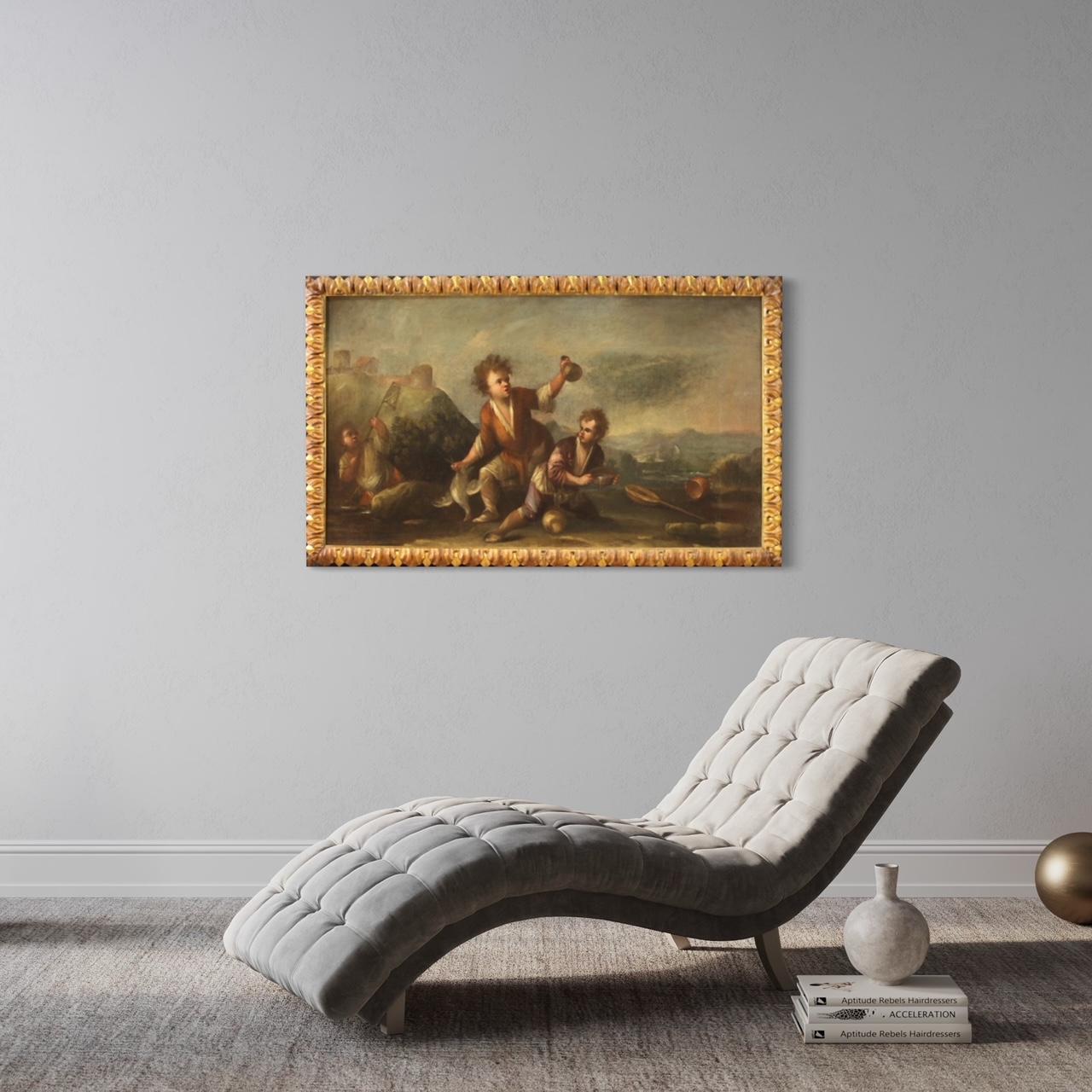 18. Jahrhundert Öl auf Leinwand Italienisches Landschaftsgemälde mit Kindern, 1730 im Angebot 1
