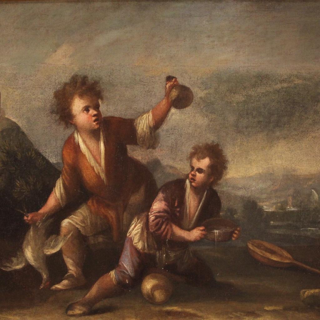 18. Jahrhundert Öl auf Leinwand Italienisches Landschaftsgemälde mit Kindern, 1730 im Angebot 2