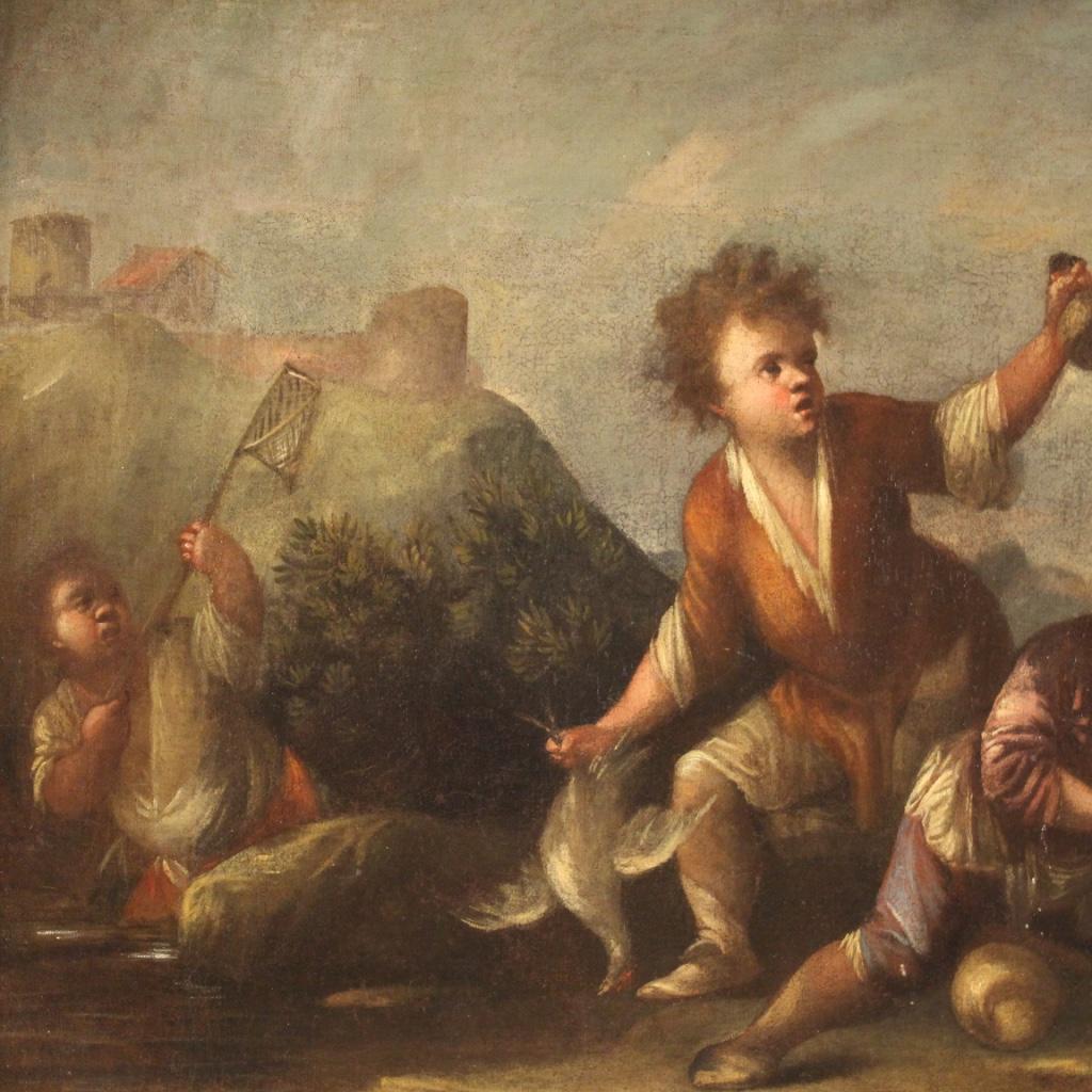 18. Jahrhundert Öl auf Leinwand Italienisches Landschaftsgemälde mit Kindern, 1730 im Angebot 4