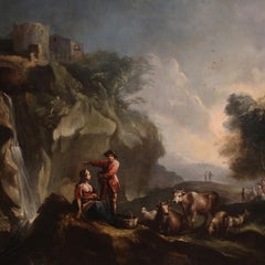 18th Century Oil on Canvas Italian Landscape Pastoral Scene Painting, 1750