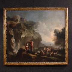 18th Century Oil on Canvas Italian Landscape Pastoral Scene Painting, 1750