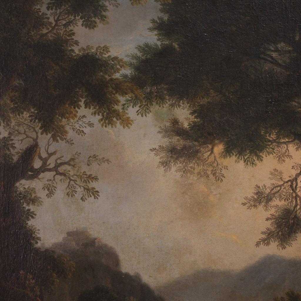 huile sur toile du XVIIIe siècle Paysage italien avec personnages au coucher du soleil en vente 6