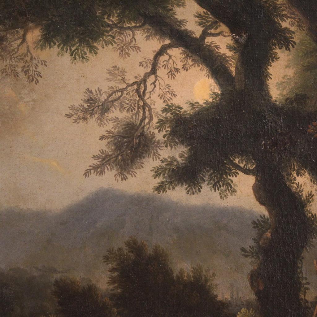 huile sur toile du XVIIIe siècle Paysage italien avec personnages au coucher du soleil en vente 7