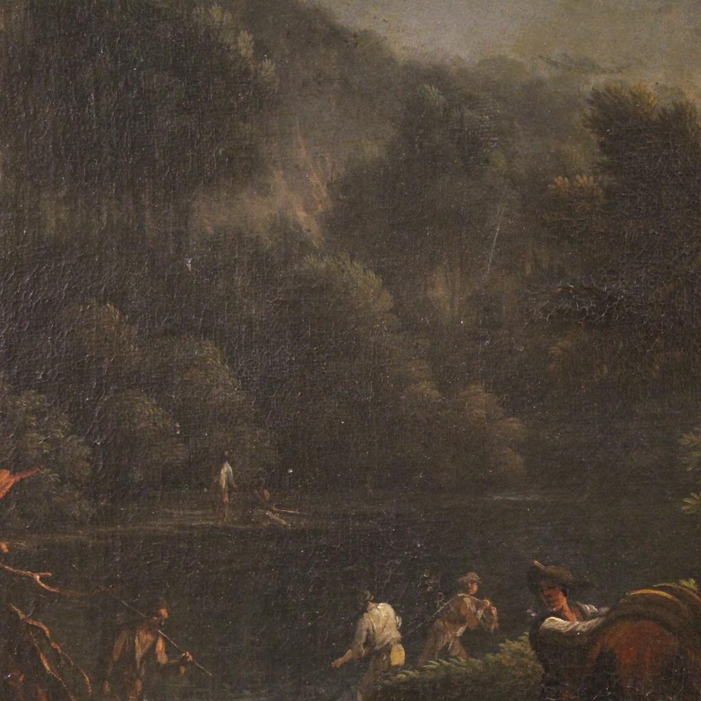 huile sur toile du XVIIIe siècle Paysage italien avec personnages au coucher du soleil en vente 10