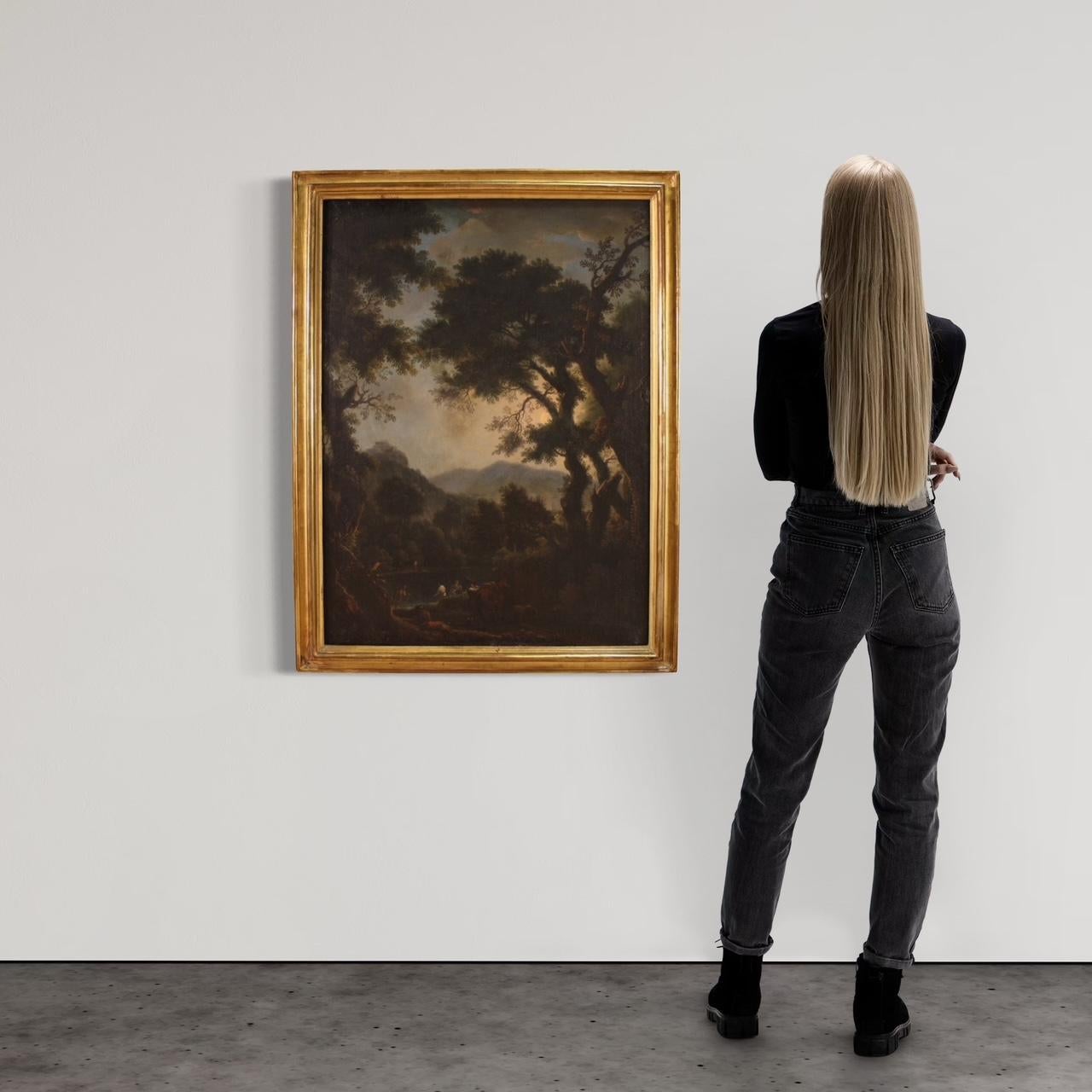 huile sur toile du XVIIIe siècle Paysage italien avec personnages au coucher du soleil - Painting de Unknown