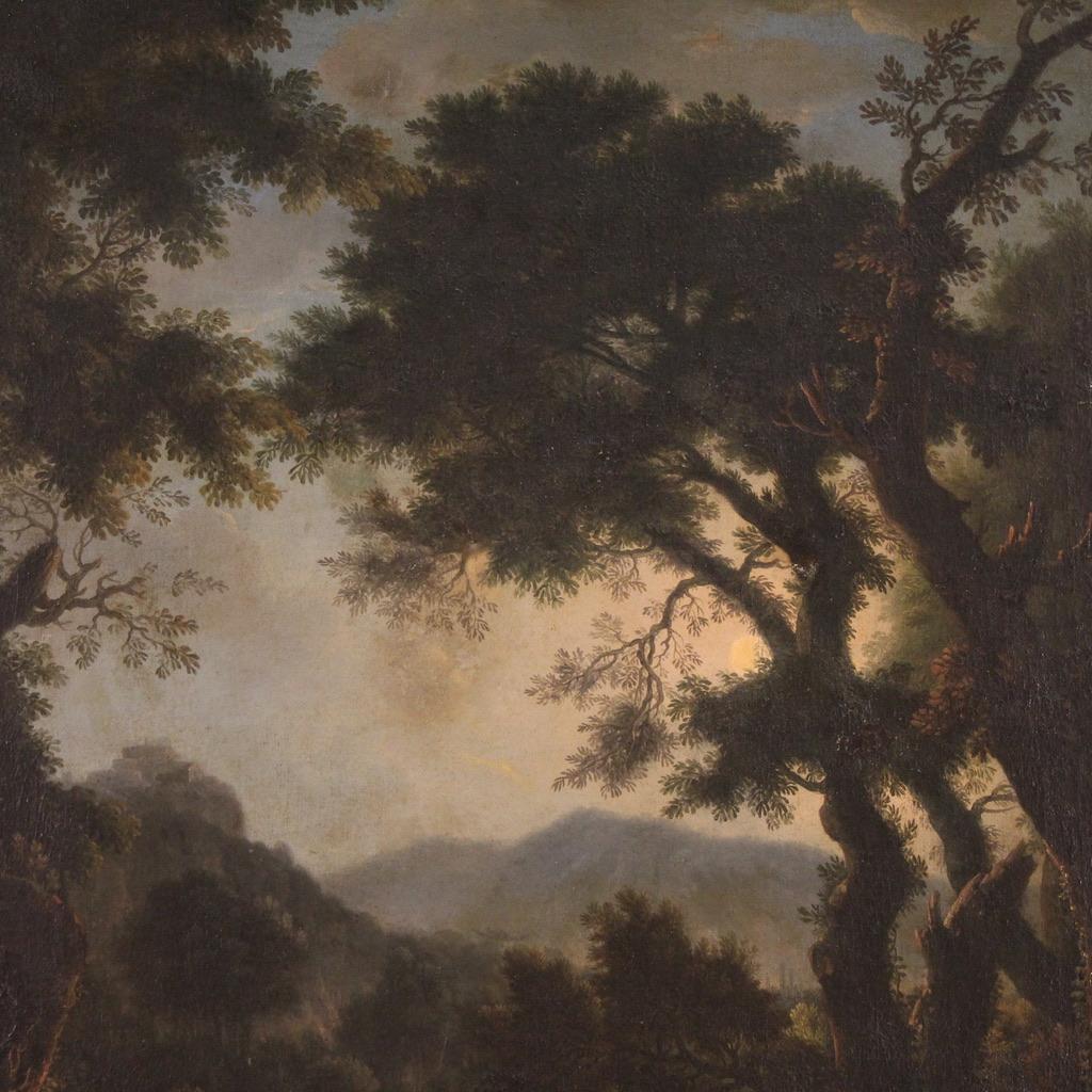 huile sur toile du XVIIIe siècle Paysage italien avec personnages au coucher du soleil - Black Landscape Painting par Unknown