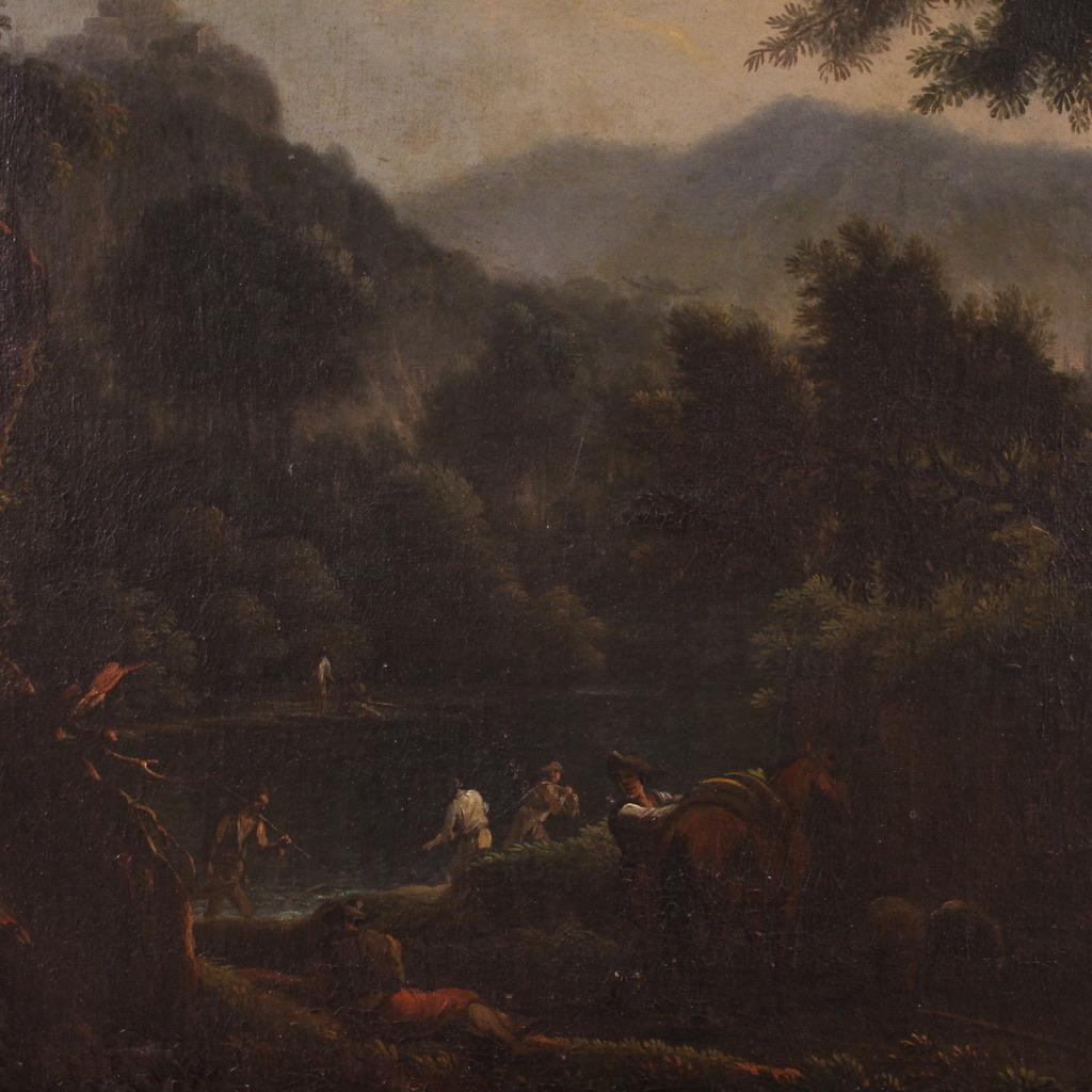 Peinture italienne ancienne de la seconde moitié du XVIIIe siècle. Huile sur toile représentant un paysage, Figures au coucher du soleil, d'une excellente qualité picturale. Peinture qui se développe verticalement, ornée d'un beau cadre du 20e