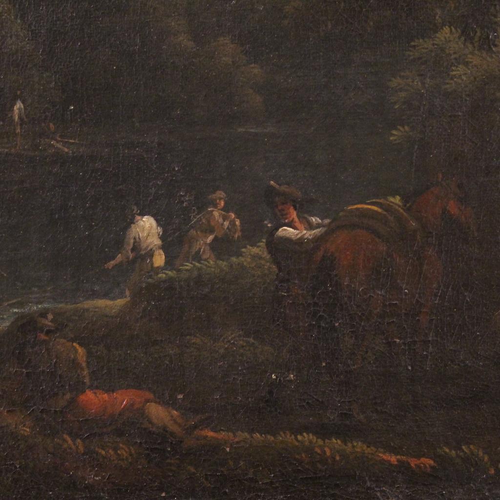 huile sur toile du XVIIIe siècle Paysage italien avec personnages au coucher du soleil en vente 1