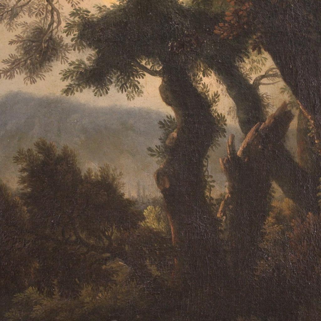 huile sur toile du XVIIIe siècle Paysage italien avec personnages au coucher du soleil en vente 5