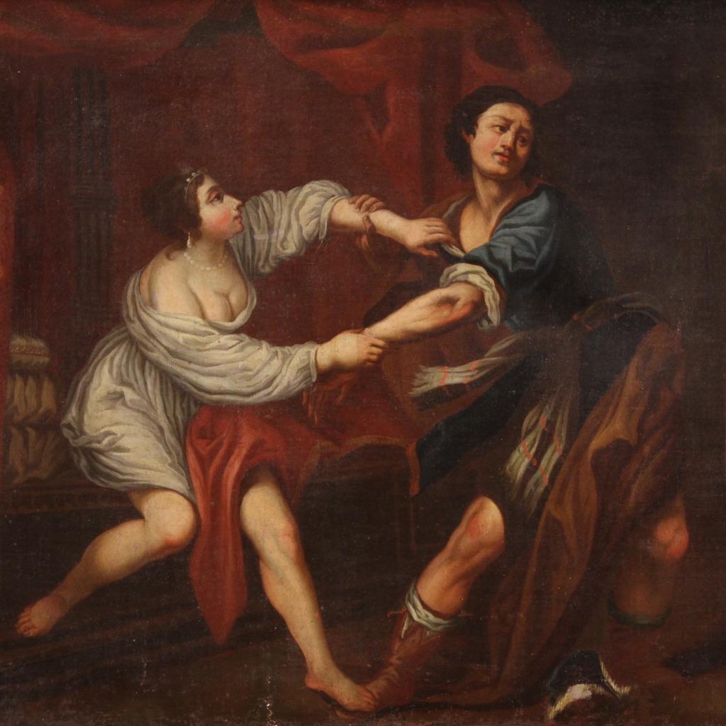 18th Century Oil on Canvas Italian Painting Joseph and and Potiphar's Wife in vendita 8