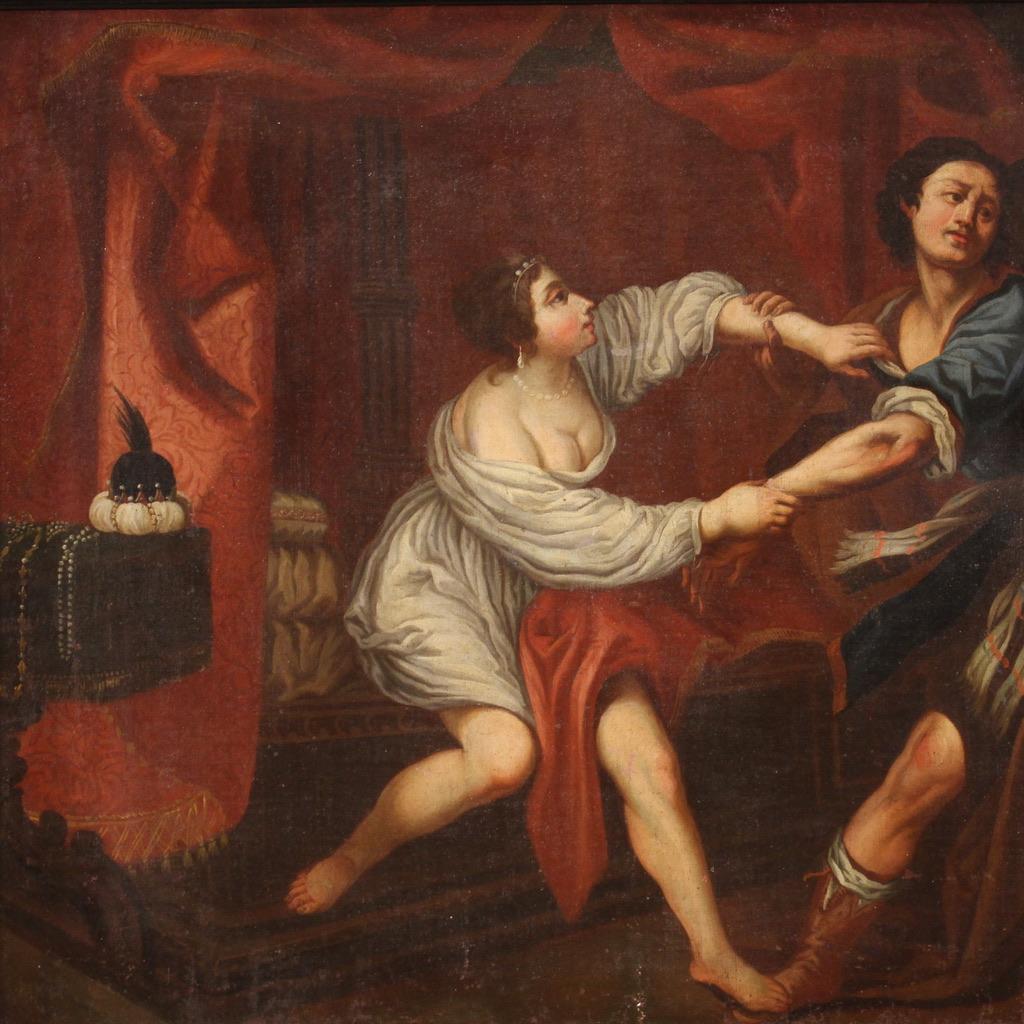 18th Century Oil on Canvas Italian Painting Joseph and and Potiphar's Wife in vendita 3