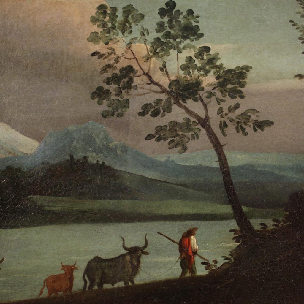 siglo XVIII Óleo sobre Lienzo Pintura Italiana Paisaje Personajes y Ruinas, 1750 en venta 6