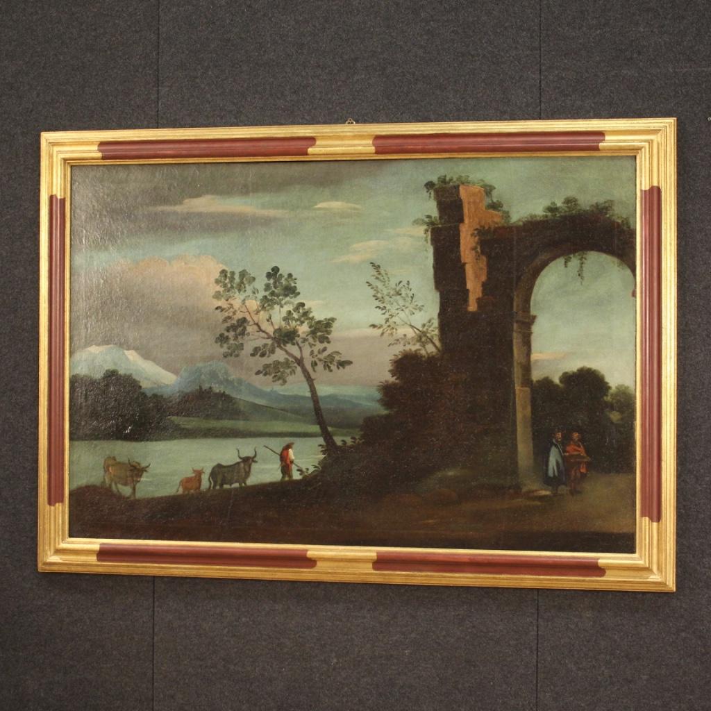 siglo XVIII Óleo sobre Lienzo Pintura Italiana Paisaje Personajes y Ruinas, 1750 en venta 7