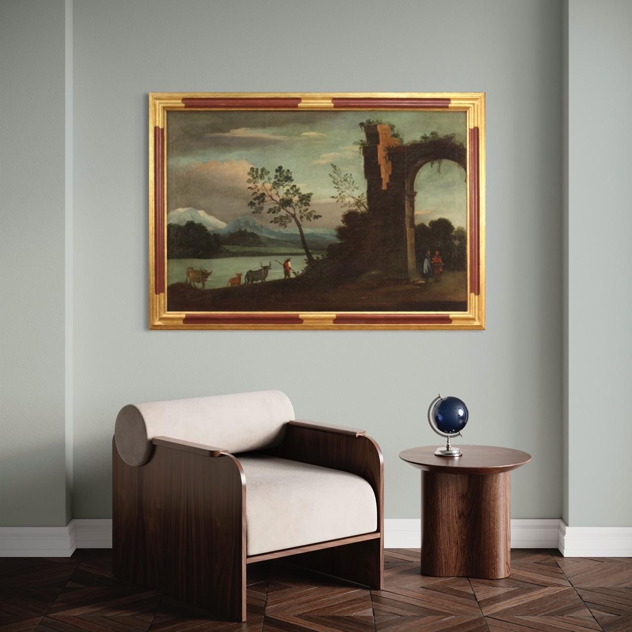 siglo XVIII Óleo sobre Lienzo Pintura Italiana Paisaje Personajes y Ruinas, 1750 en venta 9