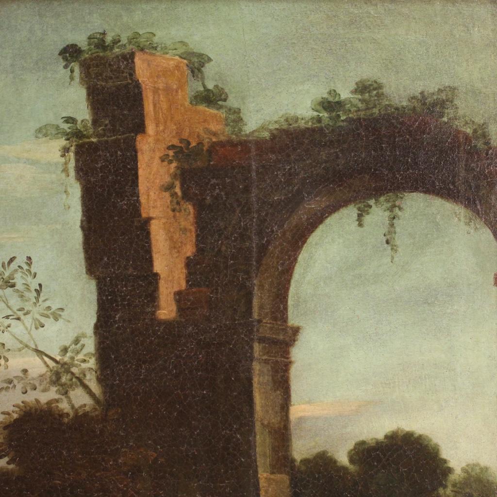 siglo XVIII Óleo sobre Lienzo Pintura Italiana Paisaje Personajes y Ruinas, 1750 en venta 10