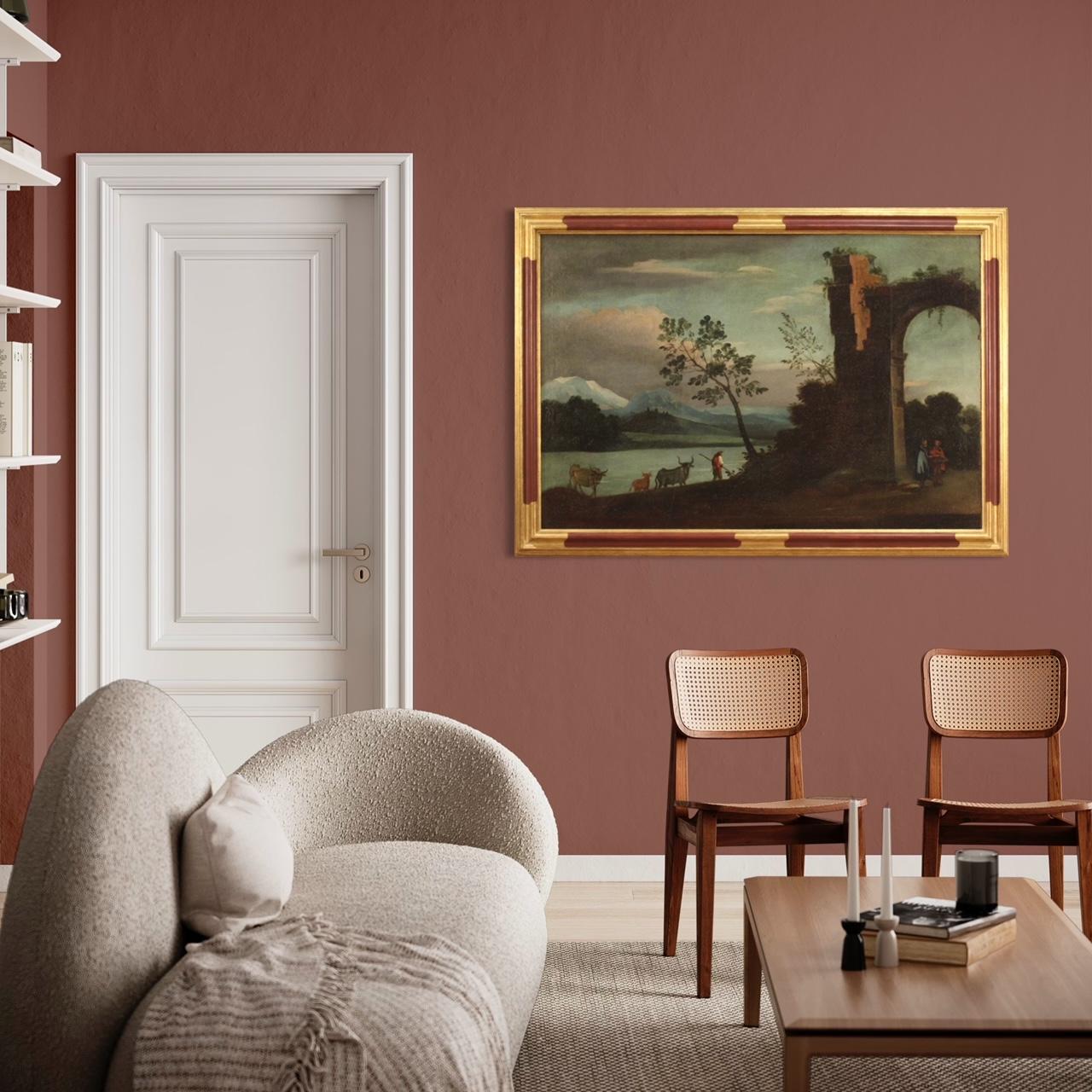 siglo XVIII Óleo sobre Lienzo Pintura Italiana Paisaje Personajes y Ruinas, 1750 en venta 11