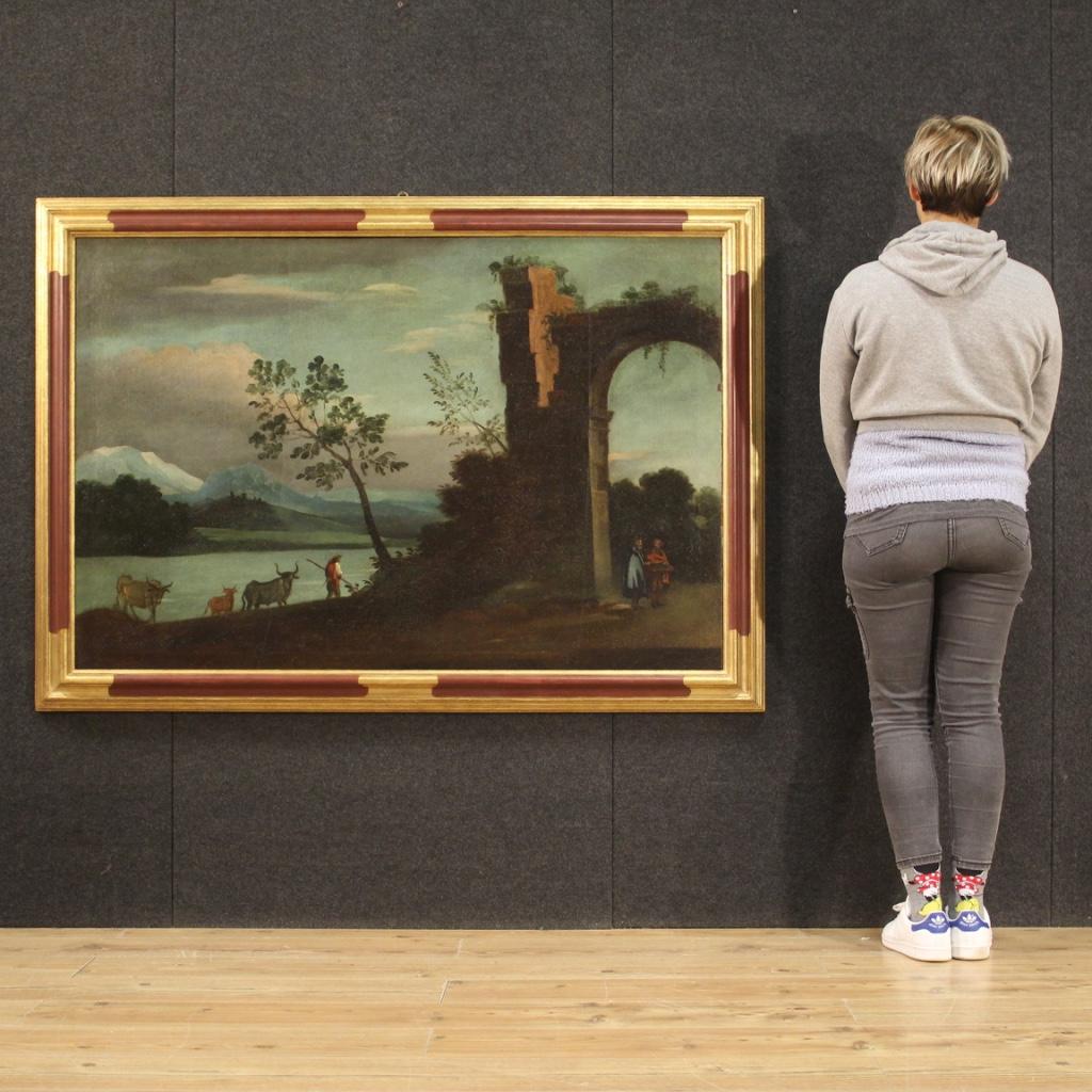 siglo XVIII Óleo sobre Lienzo Pintura Italiana Paisaje Personajes y Ruinas, 1750 en venta 12