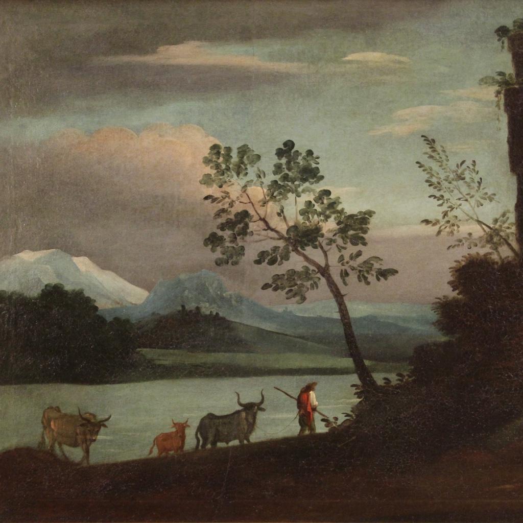 siglo XVIII Óleo sobre Lienzo Pintura Italiana Paisaje Personajes y Ruinas, 1750 - Figurative Painting Black de Unknown