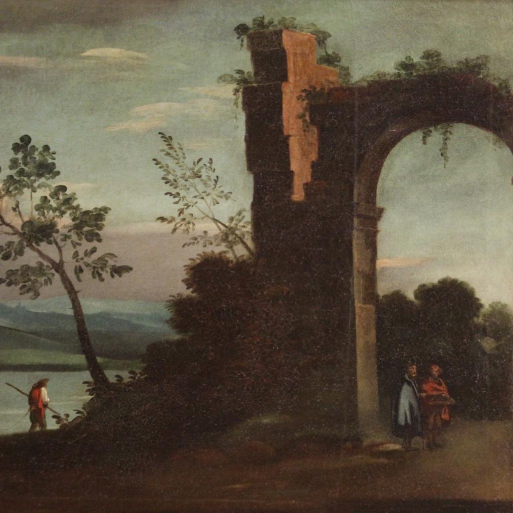siglo XVIII Óleo sobre Lienzo Pintura Italiana Paisaje Personajes y Ruinas, 1750 en venta 1