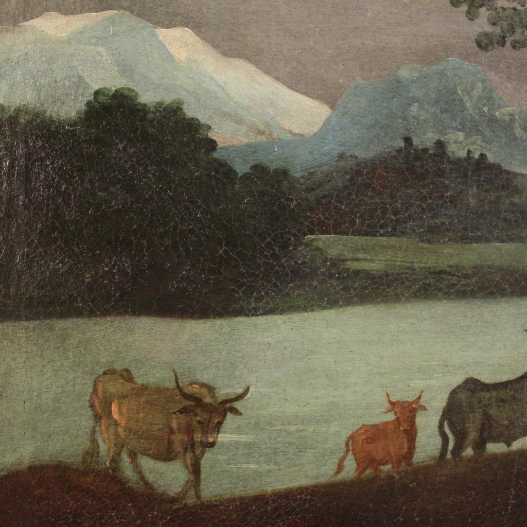 siglo XVIII Óleo sobre Lienzo Pintura Italiana Paisaje Personajes y Ruinas, 1750 en venta 4