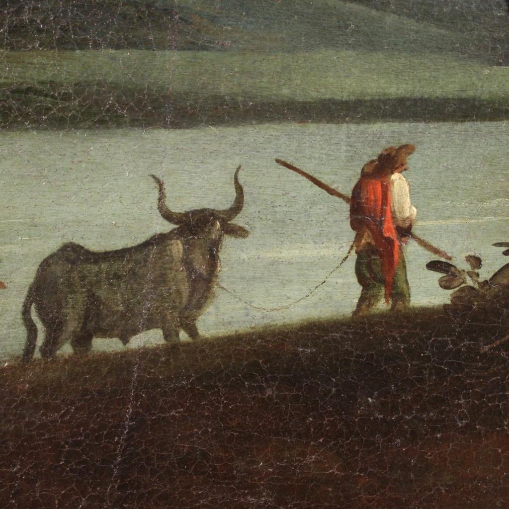 siglo XVIII Óleo sobre Lienzo Pintura Italiana Paisaje Personajes y Ruinas, 1750 en venta 5