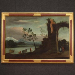 18th Century Oil on Canvas Italian Painting Landscape Characters and Ruins, 1750