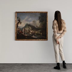 18th Century Oil on Canvas Italian Painting Landscape with Genre Scene, 1750