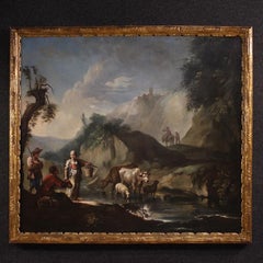 18th Century Oil on Canvas Italian Painting Landscape with Genre Scene, 1750