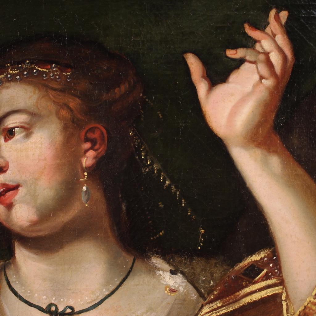 18th Century Oil on Canvas Italian Portrait Painting Lady with Parrot, 1780 For Sale 9