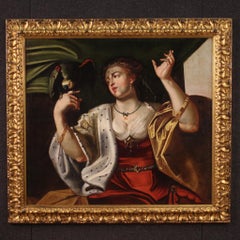 18th Century Oil on Canvas Italian Portrait Painting Lady with Parrot, 1780