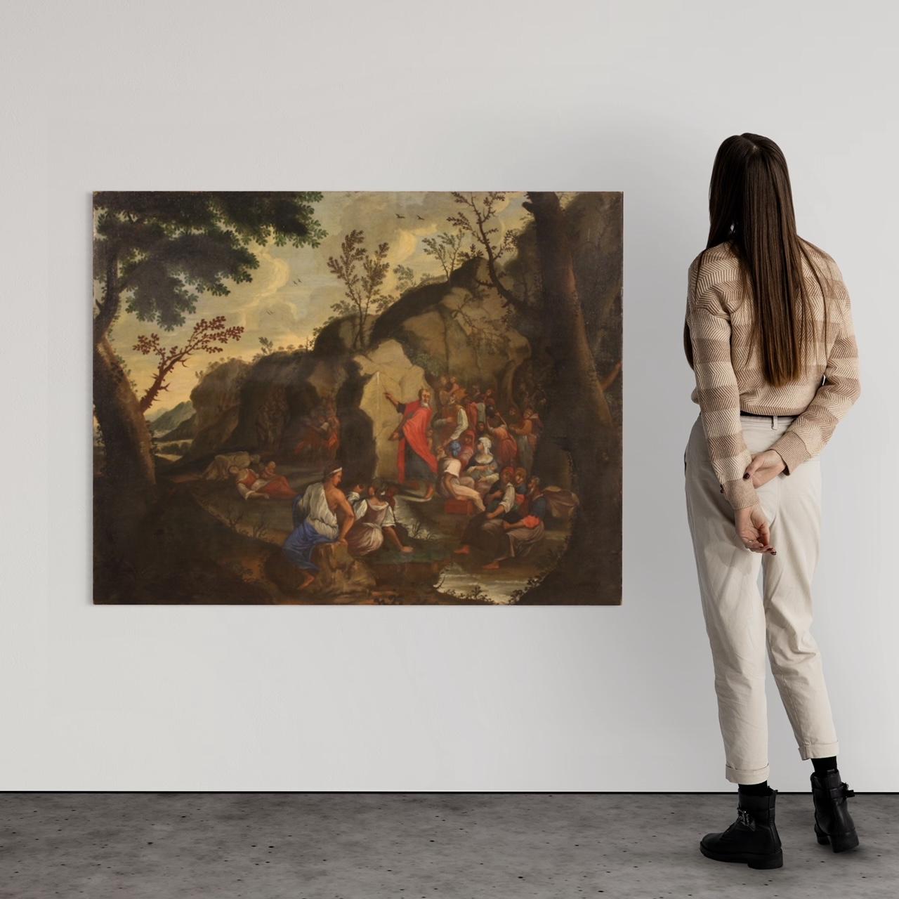 Antikes italienisches Gemälde aus dem 18. Jahrhundert. Öl auf Leinwand, das ein religiöses Thema darstellt: Moses, der Wasser aus dem Felsen schöpft, von guter malerischer Qualität. Gemälde von großem Ausmaß und großer Wirkung für