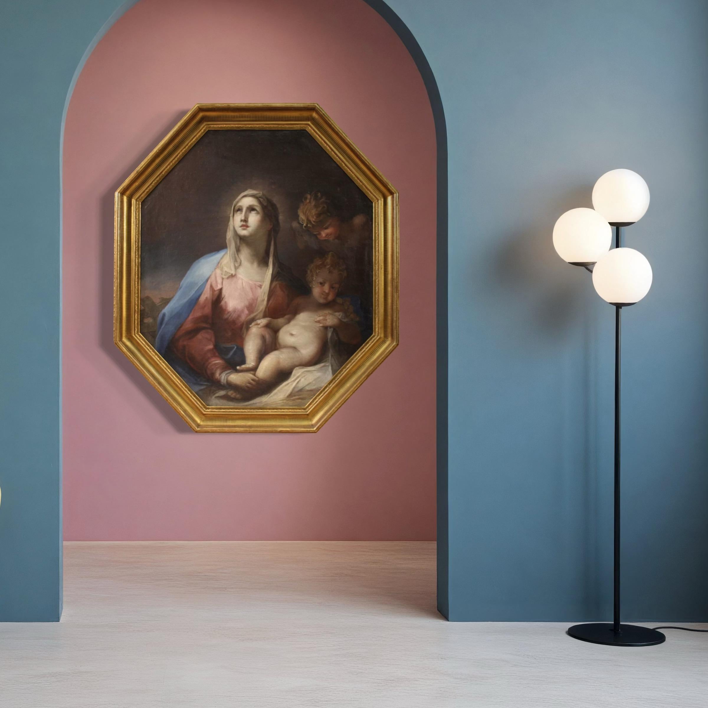18. Jahrhundert Öl auf Leinwand Italienisch religiöse Malerei Madonna mit Kind, 1750 im Angebot 3
