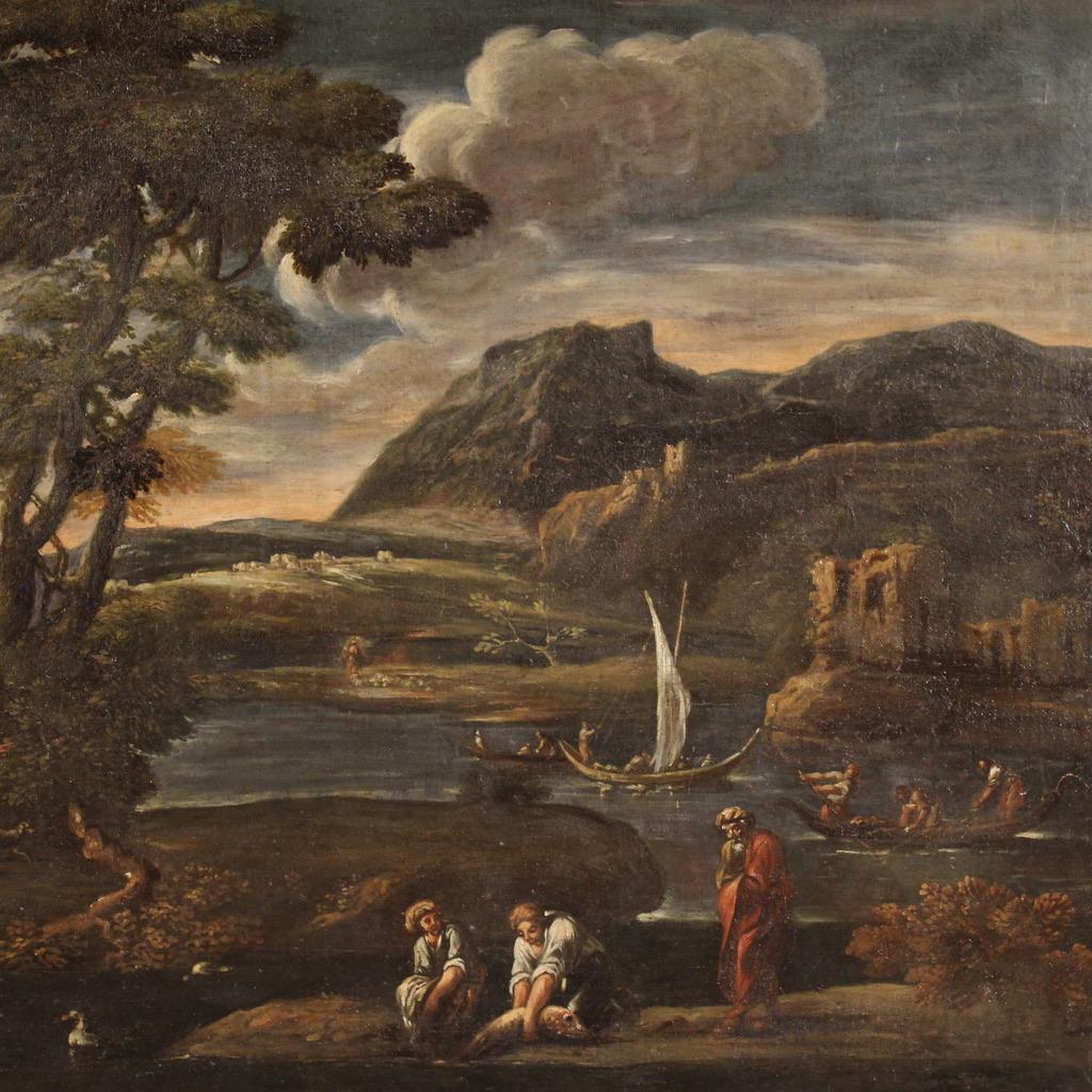 óleo sobre lienzo del siglo XVIII Pintura italiana de paisaje marino, 1770 - Figurative Painting Black de Unknown