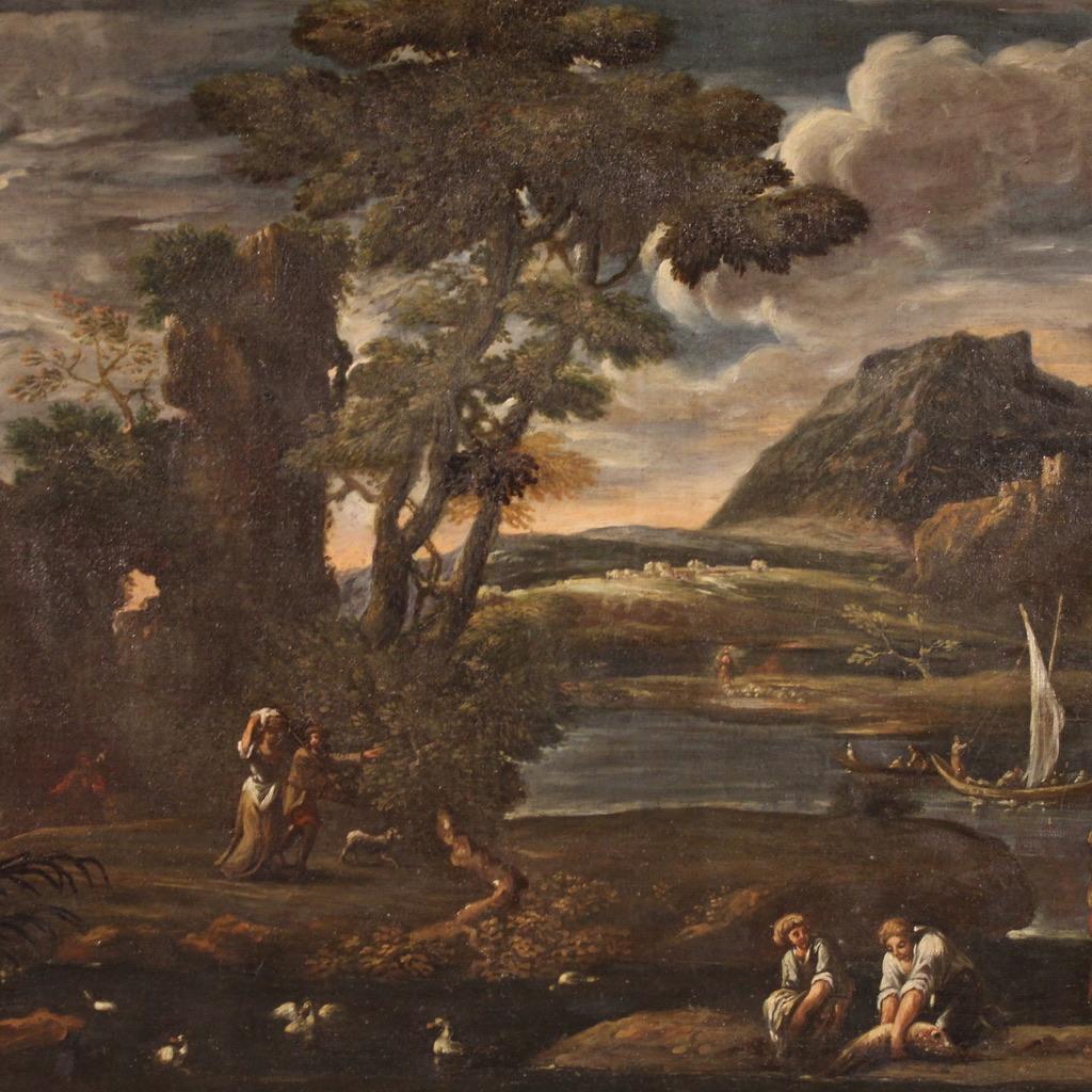 Espléndido paisaje italiano de la segunda mitad del siglo XVIII. Óleo sobre lienzo que representa un paisaje marino de notable calidad pictórica, rico en figuras y detalles minuciosos. Inmersos en una atmósfera arcádica, encontramos en primer plano
