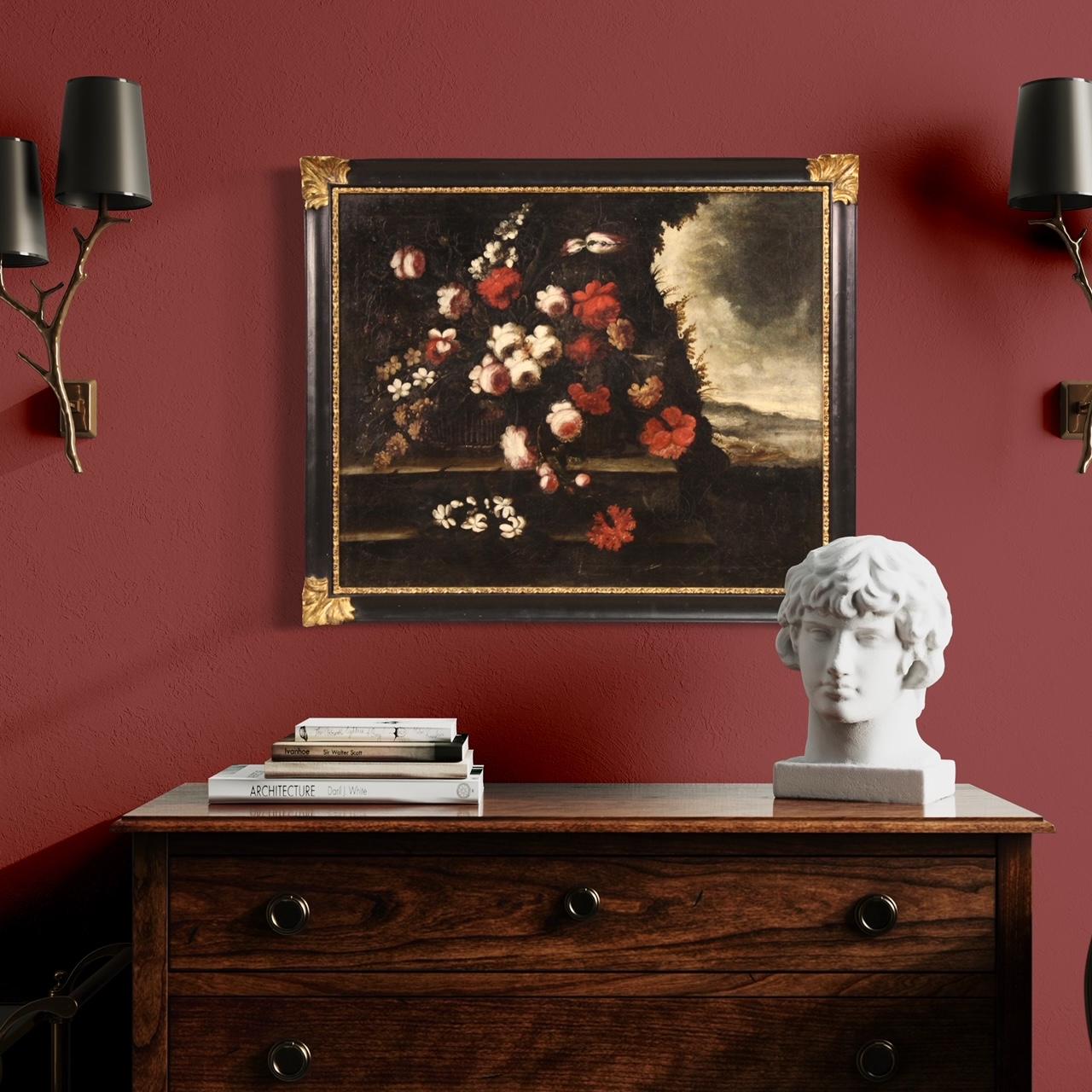 Antique Italian painting from the early 18th century. Artwork oil on canvas depicting a fabulous still life with flowers and a view in the background (right) of excellent pictorial quality. 20th century wooden frame carved, ebonized and gilded of