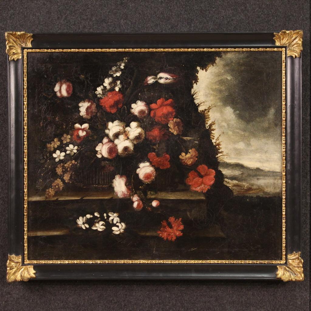 Landscape Painting di Unknown - 18th Century Oil on Canvas Italian Still Life with Flowers Painting, 1720