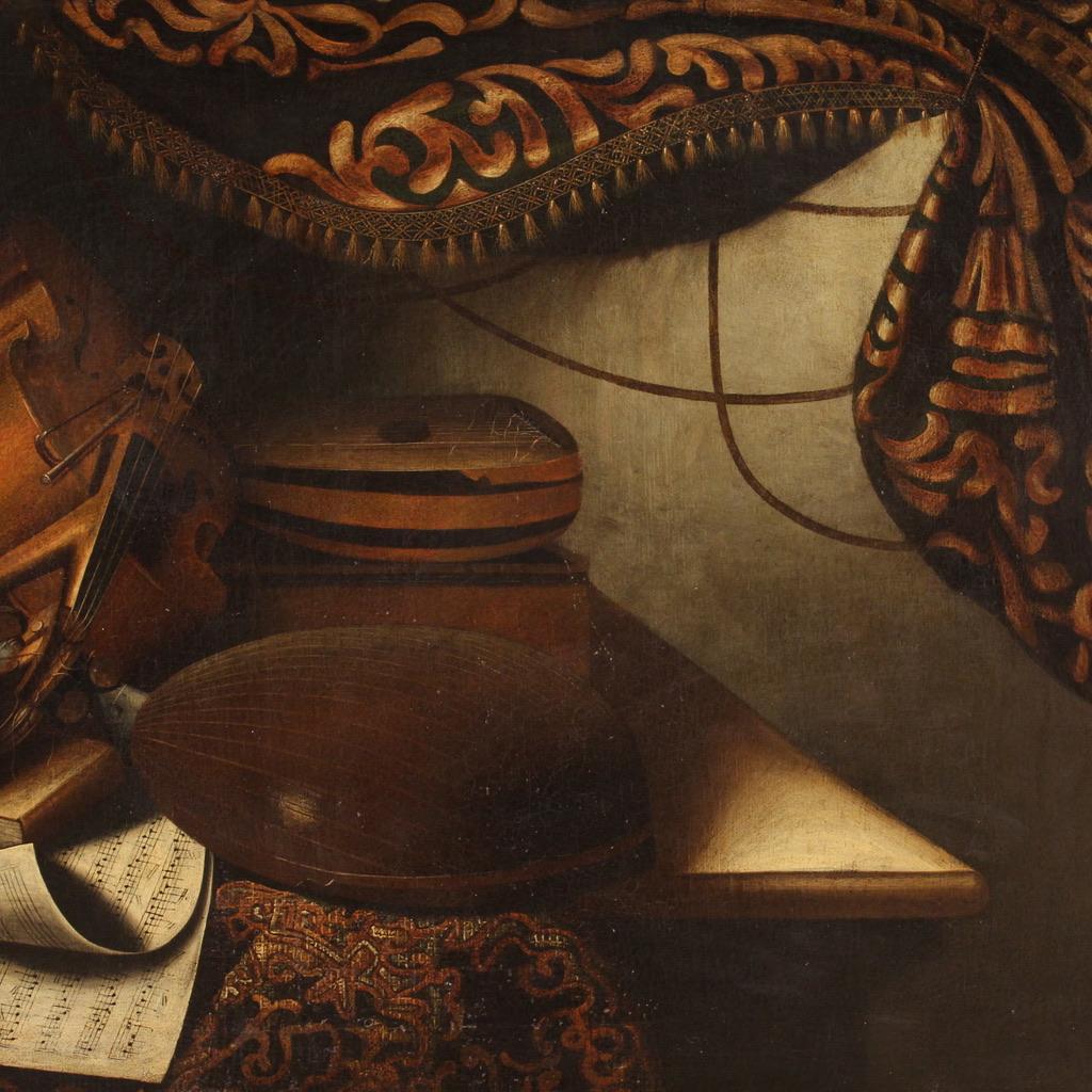 18th Century Oil on Canvas Musical Instruments Still Life Italian Painting, 1740 For Sale 7